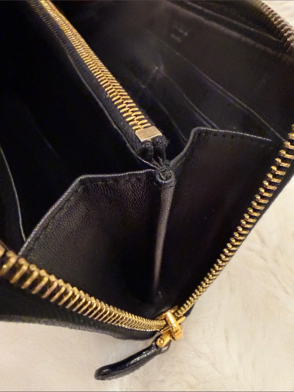 Prada Black Gathered Leather Zip-Around Wallet with Gold Logo